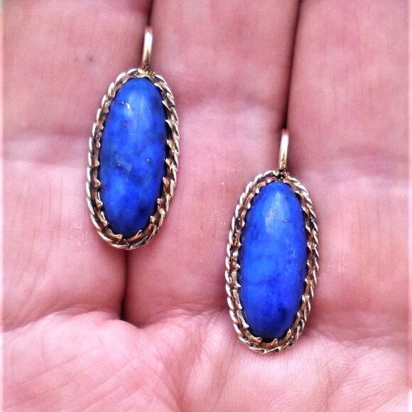 Vintage Solid 14K Yellow Gold Blue Lapis Lazuli Dangle Drop Pierced Earrings - Picture 7 of 7